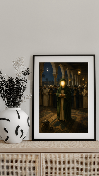 Limited Edition PRINT of my Original acrylic Painting on Imam Ali and Night prayer in Mosque of Kufa - Muslim Acrylic Painting on Cartridge Paper - No Frame (Size: A4 & A3)