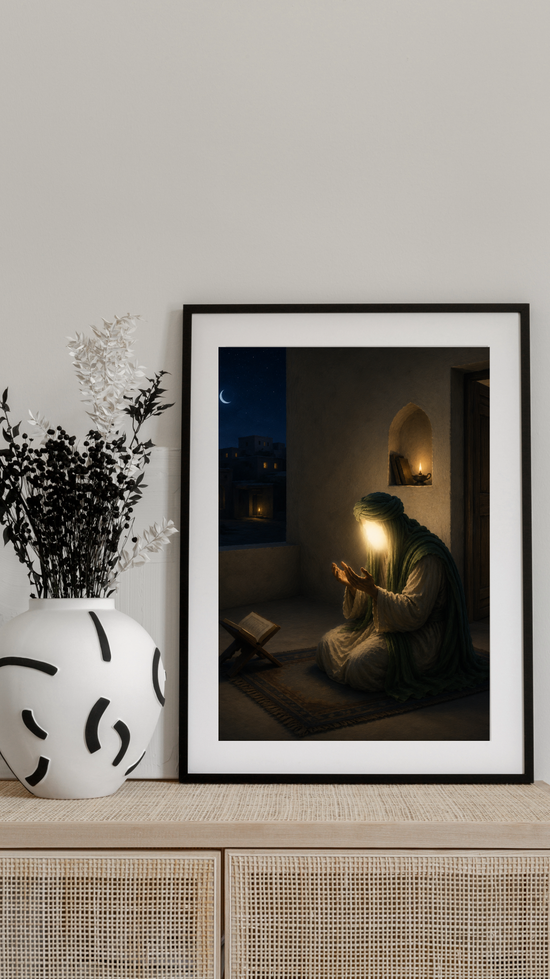 Limited Edition PRINT of my Original acrylic Painting on Imam Ali in Deep night worship and dua - Muslim Acrylic Painting on Cartridge Paper - No Frame (Size: A4 & A3)