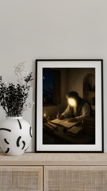 Limited Edition PRINT of my Original acrylic Painting on Imam Ali Writing knowledge and judgments - Muslim Acrylic Painting on Cartridge Paper - No Frame (Size: A4 & A3)