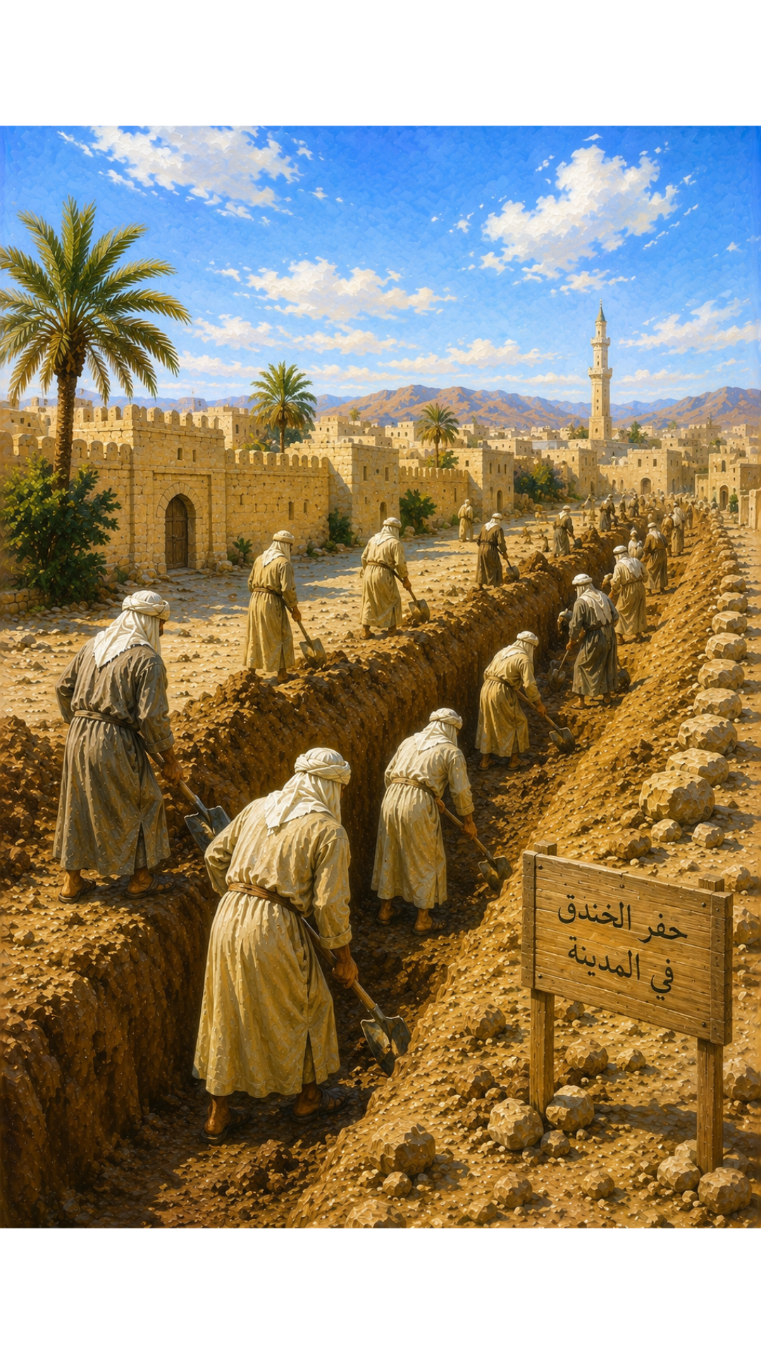 Limited Edition PRINT of my Original Oil Painting of Prophet Muhammad and the Digging the trench in Medina - Muslim Painting on Cartridge Paper - No Frame (Size: A4 & A3)