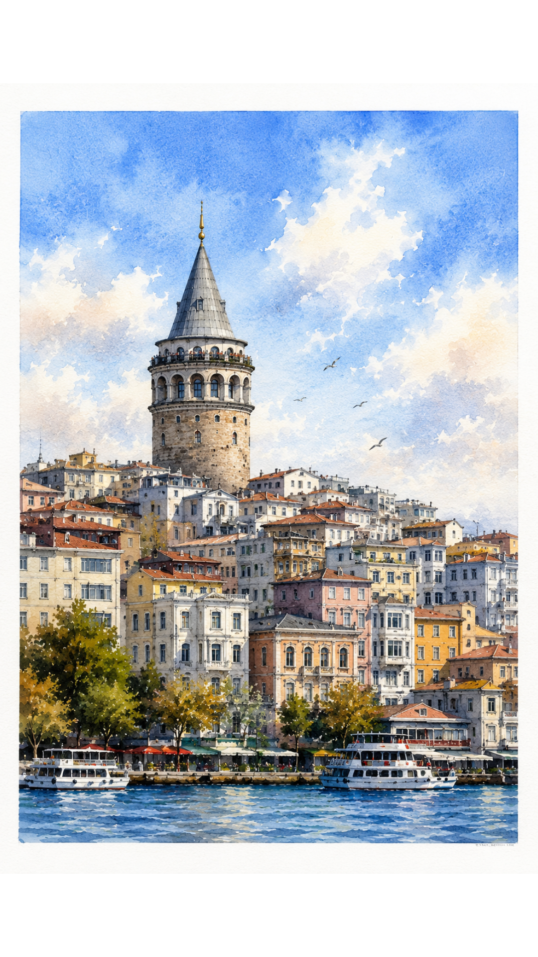 Limited Edition PRINT of my Original WaterColour Painting of Galata Tower, Istanbul, Turkey - Muslim Painting on Cartridge Paper - No Frame (Size: A4 & A3)