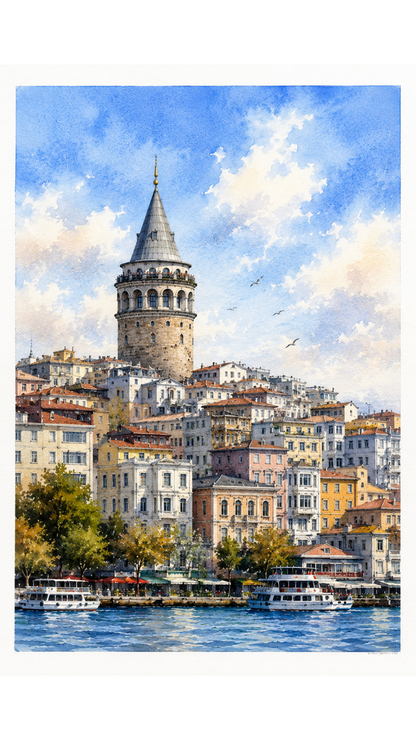 Limited Edition PRINT of my Original WaterColour Painting of Galata Tower, Istanbul, Turkey - Muslim Painting on Cartridge Paper - No Frame (Size: A4 & A3)