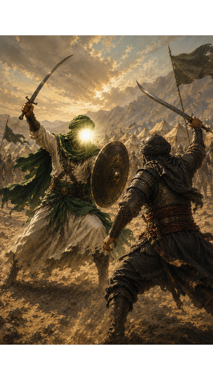 Limited Edition PRINT of my Original acrylic Painting on Imam Ali at Battle of Khandaq - Muslim Acrylic Painting on Cartridge Paper - No Frame (Size: A4 & A3)