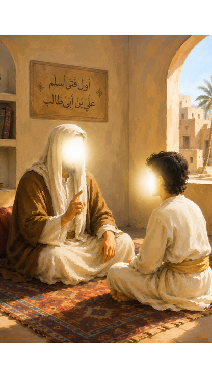 Limited Edition PRINT of my Original Imam Ali, the First young believer accepting Islam - Muslim Acrylic Painting on Cartridge Paper - No Frame (Size: A4 & A3)