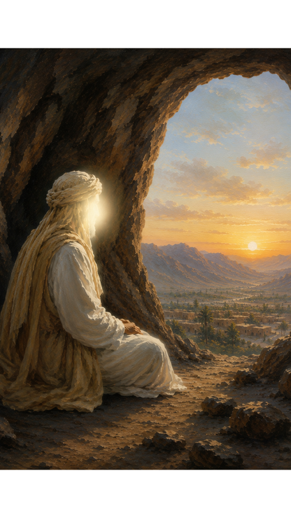 Limited Edition PRINT of my Original Oil Painting of Prophet Muhammad Meditating in Cave Hira Muslim Painting on Cartridge Paper - No Frame (Size: A4 & A3)