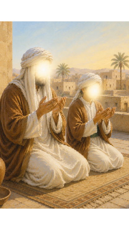 Limited Edition PRINT of my Original Imam Ali praying beside the Prophet in early Islam - Muslim Acrylic Painting on Cartridge Paper - No Frame (Size: A4 & A3)