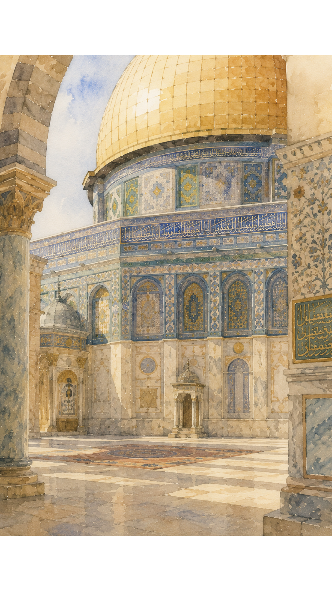 Limited Edition PRINT of my Original of Golden Dome Holy Watercolour Muslim Painting on Cartridge Paper - No Frame (Size: A4 & A3)