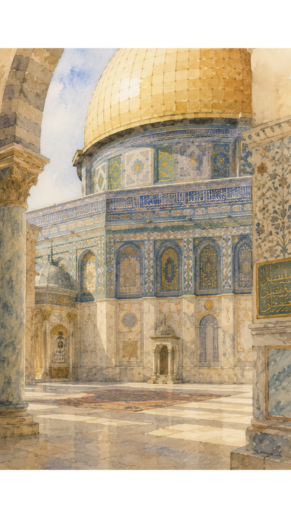 Limited Edition PRINT of my Original of Golden Dome Holy Watercolour Muslim Painting on Cartridge Paper - No Frame (Size: A4 & A3)