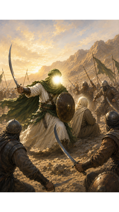 Limited Edition PRINT of my Original acrylic Painting on Imam Ali Defending the Prophet at Uhud - Muslim Acrylic Painting on Cartridge Paper - No Frame (Size: A4 & A3)