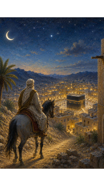 Limited Edition PRINT of my Original Oil Painting of Prophet Muhammad Leaving Mecca at night Muslim Painting on Cartridge Paper - No Frame (Size: A4 & A3)