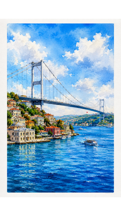 Limited Edition PRINT of my Original WaterColour Painting of Bosphorus Bridge, Istanbul, Turkey - Muslim Painting on Cartridge Paper - No Frame (Size: A4 & A3)