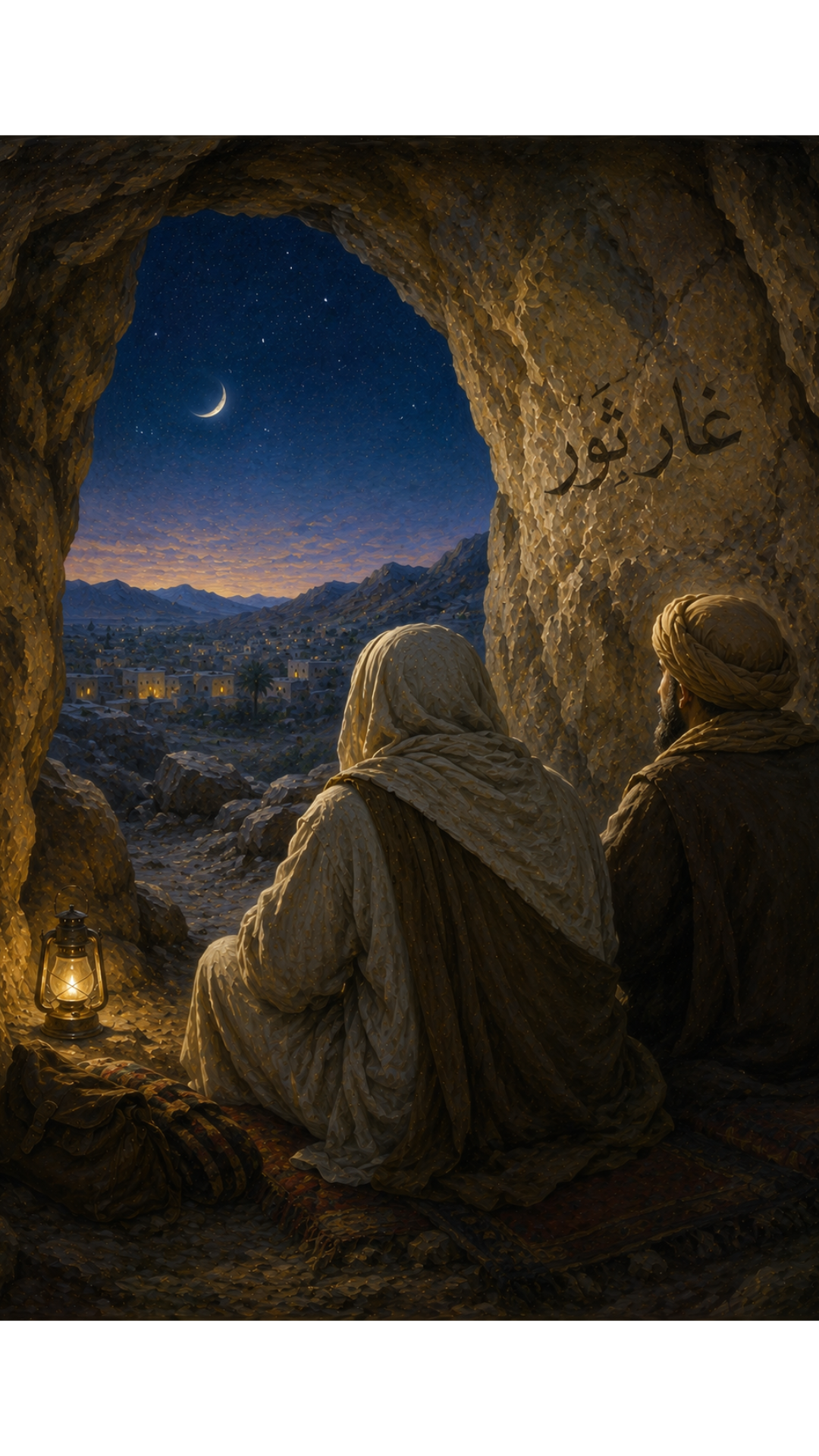 Limited Edition PRINT of my Original Oil Painting of Prophet Muhammad Cave Thawr with Hazrath Abu Bakr Muslim Painting on Cartridge Paper - No Frame (Size: A4 & A3)