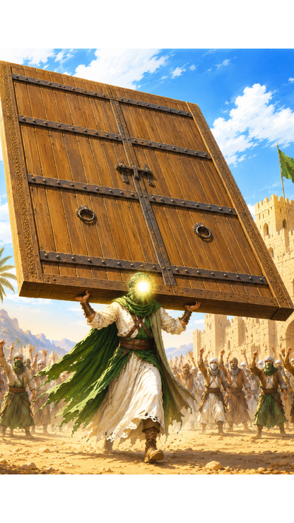 Limited Edition PRINT of my Original acrylic Painting on Imam Ali Holding the 900 KG Door of Khaybar  - Muslim Acrylic Painting on Cartridge Paper - No Frame (Size: A4 & A3)