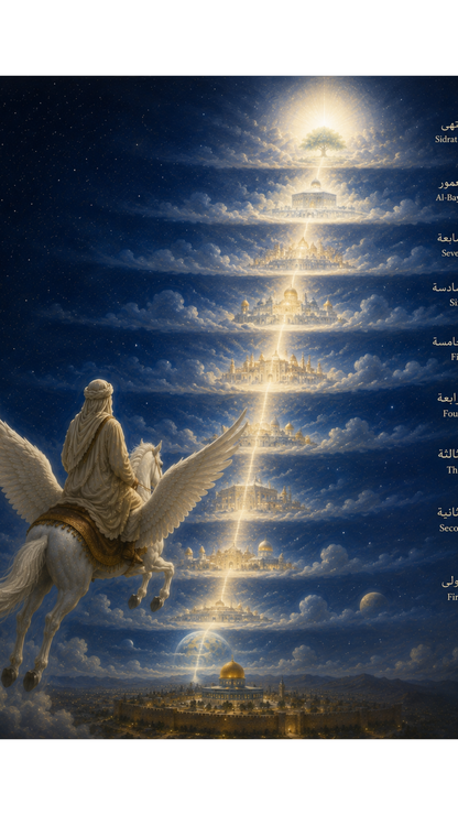 Limited Edition PRINT of my Original Oil Painting of Prophet Muhammad Mi'raj — Ascension through heavens Muslim Painting on Cartridge Paper - No Frame (Size: A4 & A3)