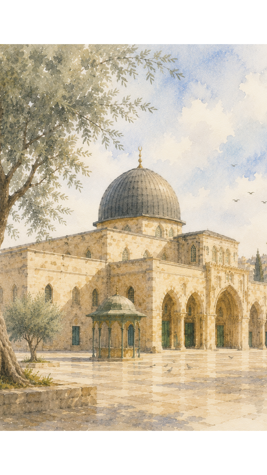 Limited Edition PRINT of my Original of Masjid Aqsa Holy Watercolour Muslim Painting on Cartridge Paper - No Frame (Size: A4 & A3)