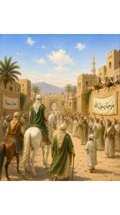 Limited Edition PRINT of my Original Oil Painting of Prophet Muhammad Joyful welcome in Medina Muslim Painting on Cartridge Paper - No Frame (Size: A4 & A3)