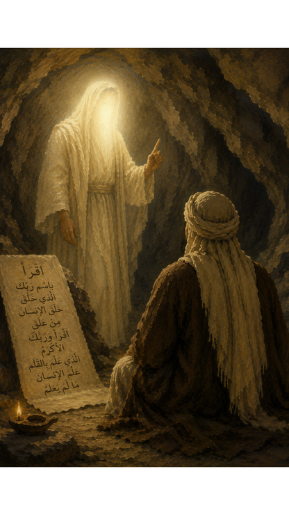 Limited Edition PRINT of my Original Oil Painting of Prophet Muhammad and Hazrath Jibreel in Cave Hira Muslim Painting on Cartridge Paper - No Frame (Size: A4 & A3)