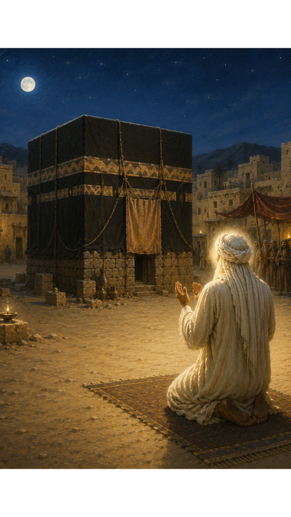 Limited Edition PRINT of my Original Oil Painting of Prophet Muhammad praying near the Kaaba while opposed Muslim Painting on Cartridge Paper - No Frame (Size: A4 & A3)