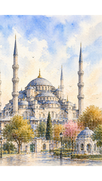 Limited Edition PRINT of my Original Blue Mosque, Turkey Watercolour Muslim Painting on Cartridge Paper - No Frame (Size: A4 & A3)