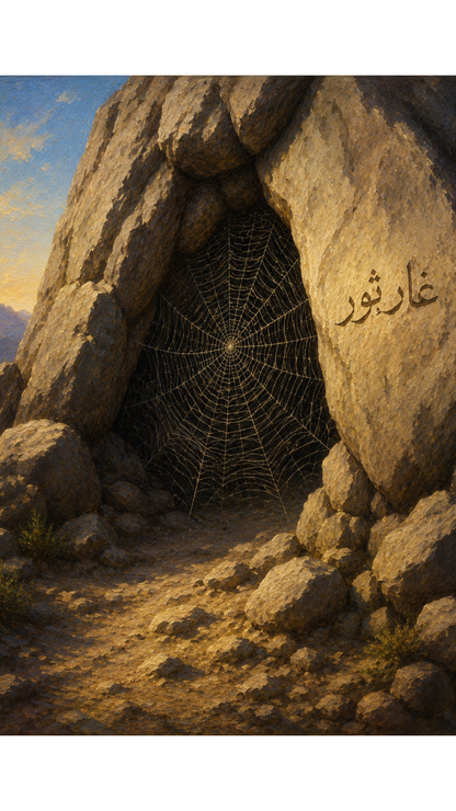 Limited Edition PRINT of my Original Oil Painting of Prophet Muhammad and Spider web miracle at cave entrance Muslim Painting on Cartridge Paper - No Frame (Size: A4 & A3)