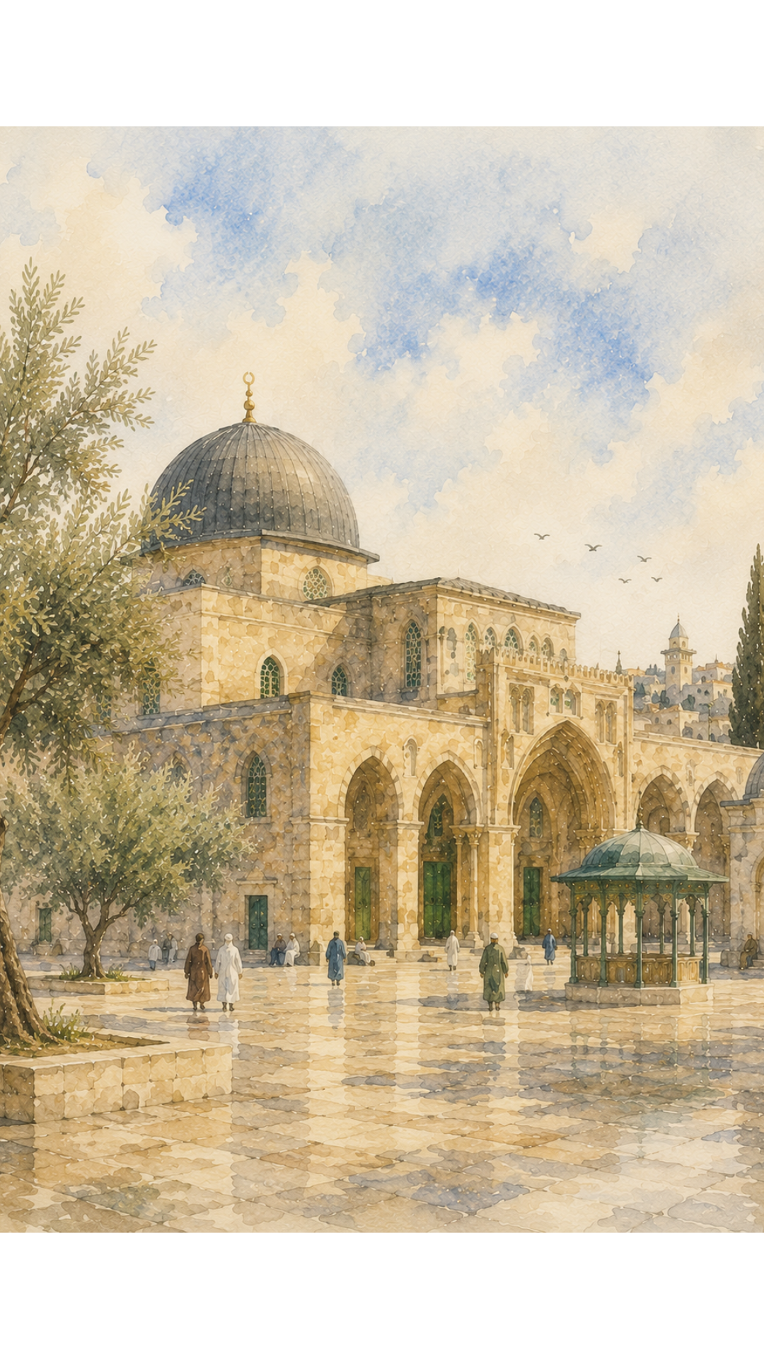 Limited Edition PRINT of my Original of Masjid Aqsa Holy Watercolour Muslim Painting on Cartridge Paper - No Frame (Size: A4 & A3)