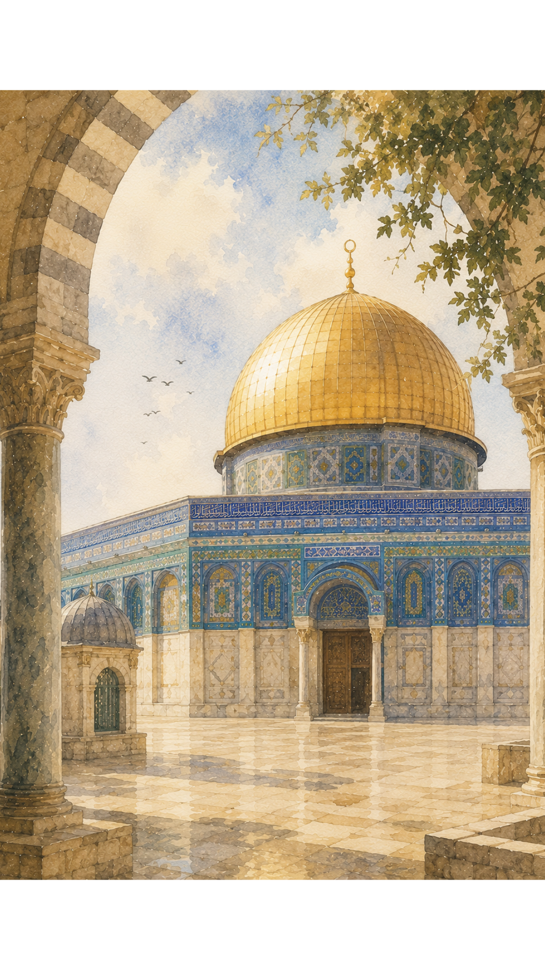 Limited Edition PRINT of my Original of Golden Dome Holy Watercolour Muslim Painting on Cartridge Paper - No Frame (Size: A4 & A3)