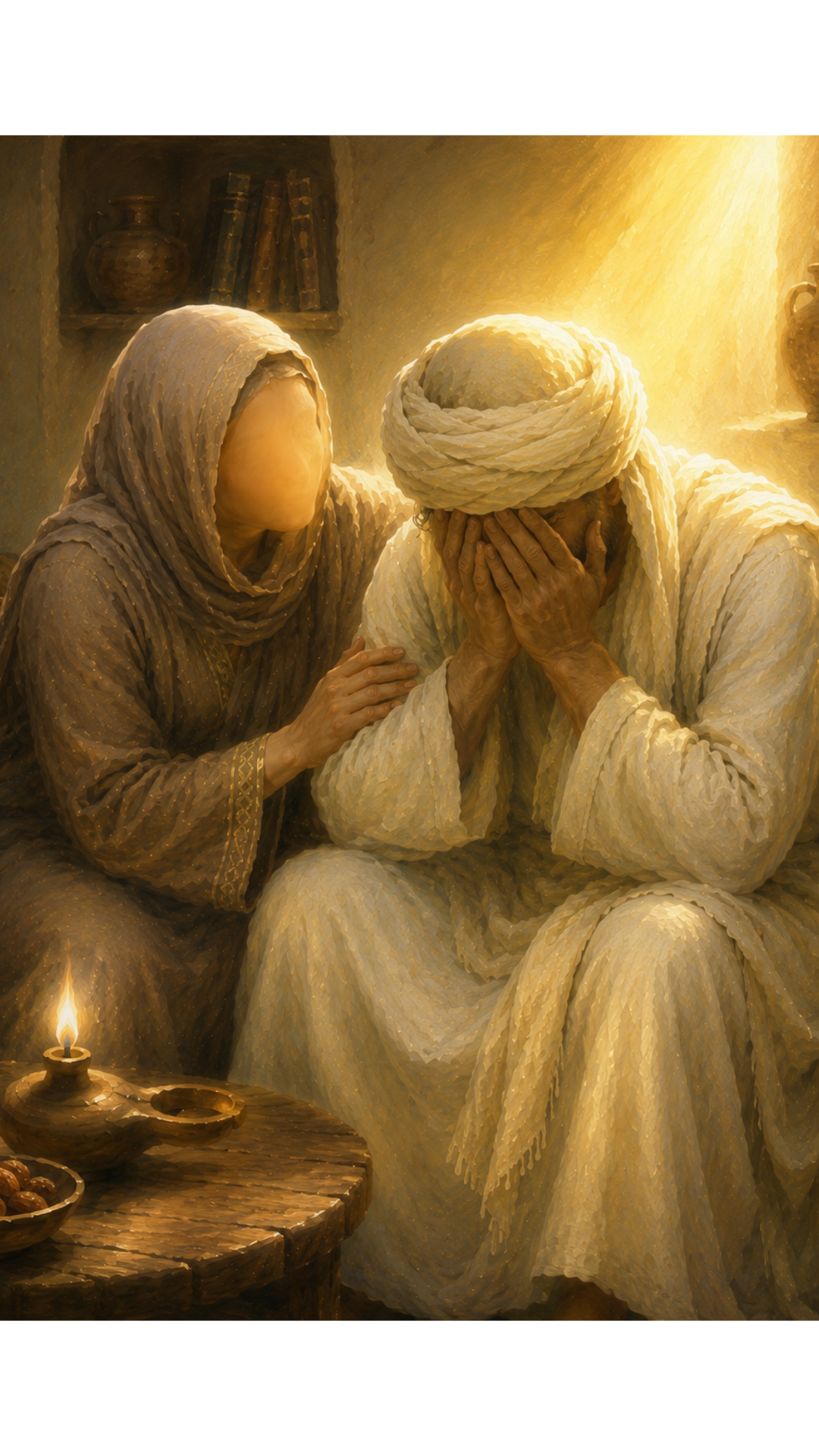 Limited Edition PRINT of my Original Oil Painting of Sayyidah Khadijah Comforting Prophet Muhammad After Return from Cave Hira Muslim Painting on Cartridge Paper - No Frame (Size: A4 & A3)