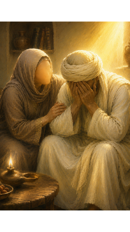 Limited Edition PRINT of my Original Oil Painting of Sayyidah Khadijah Comforting Prophet Muhammad After Return from Cave Hira Muslim Painting on Cartridge Paper - No Frame (Size: A4 & A3)