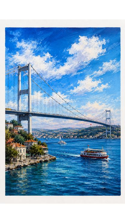 Limited Edition PRINT of my Original Acrylic Painting of Bosphorus Bridge, Istanbul, Turkey Muslim Painting on Cartridge Paper - No Frame (Size: A4 & A3)