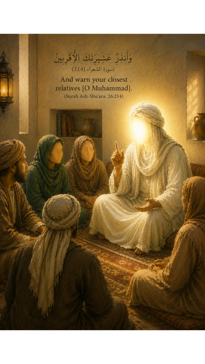 Limited Edition PRINT of my Original Oil Painting of Prophet Muhammad Secret preaching to close family Muslim Painting on Cartridge Paper - No Frame (Size: A4 & A3)
