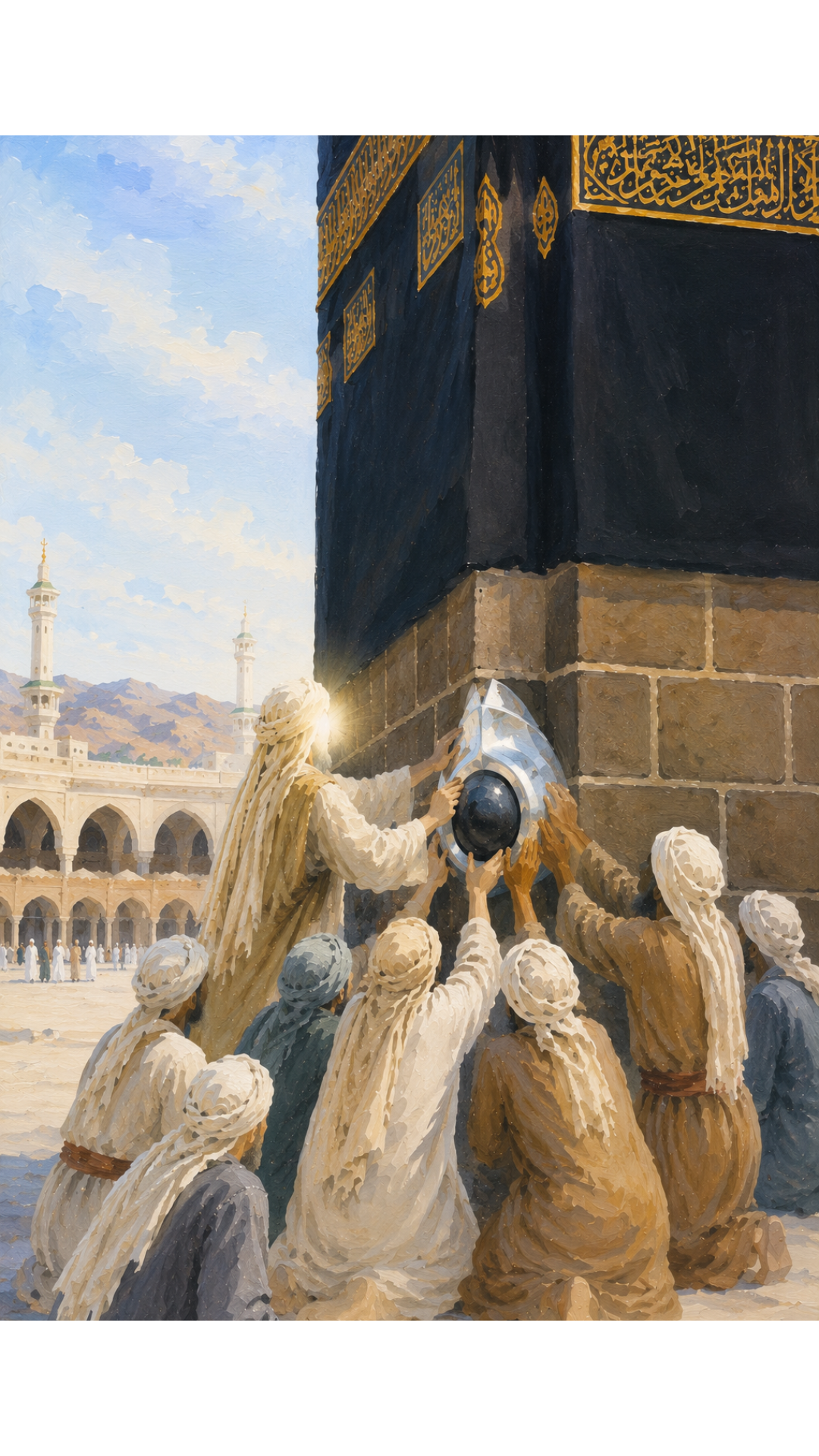 Limited Edition PRINT of my Original Acrylic Painting of Prophet Muhammad Placing Black Stone in Kaaba Muslim Painting on Cartridge Paper - No Frame (Size: A4 & A3)