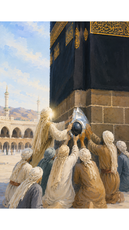 Limited Edition PRINT of my Original Acrylic Painting of Prophet Muhammad Placing Black Stone in Kaaba Muslim Painting on Cartridge Paper - No Frame (Size: A4 & A3)