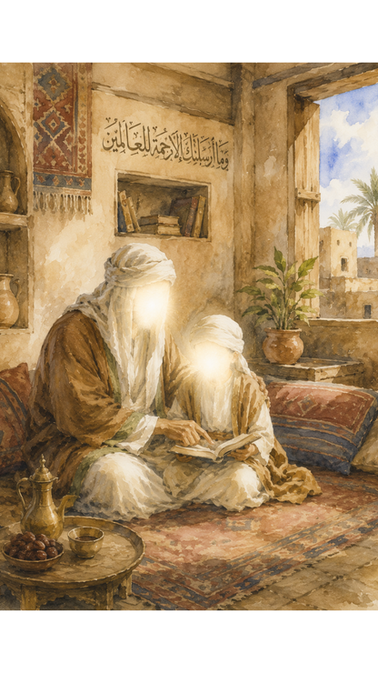 Limited Edition PRINT of my Original Imam Ali Raised in the Prophet’s household - Muslim Watercolour Painting on Cartridge Paper - No Frame (Size: A4 & A3)