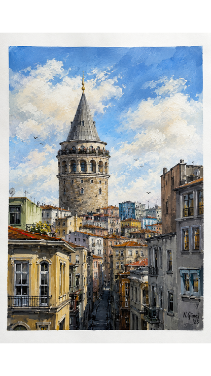 Limited Edition PRINT of my Original Acrylic Painting of Galata Tower, Istanbul, Turkey - Muslim Painting on Cartridge Paper - No Frame (Size: A4 & A3)