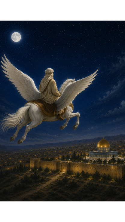 Limited Edition PRINT of my Original Oil Painting of Buraq traveling through the night sky with Prophet Muhammad Muslim Painting on Cartridge Paper - No Frame (Size: A4 & A3)