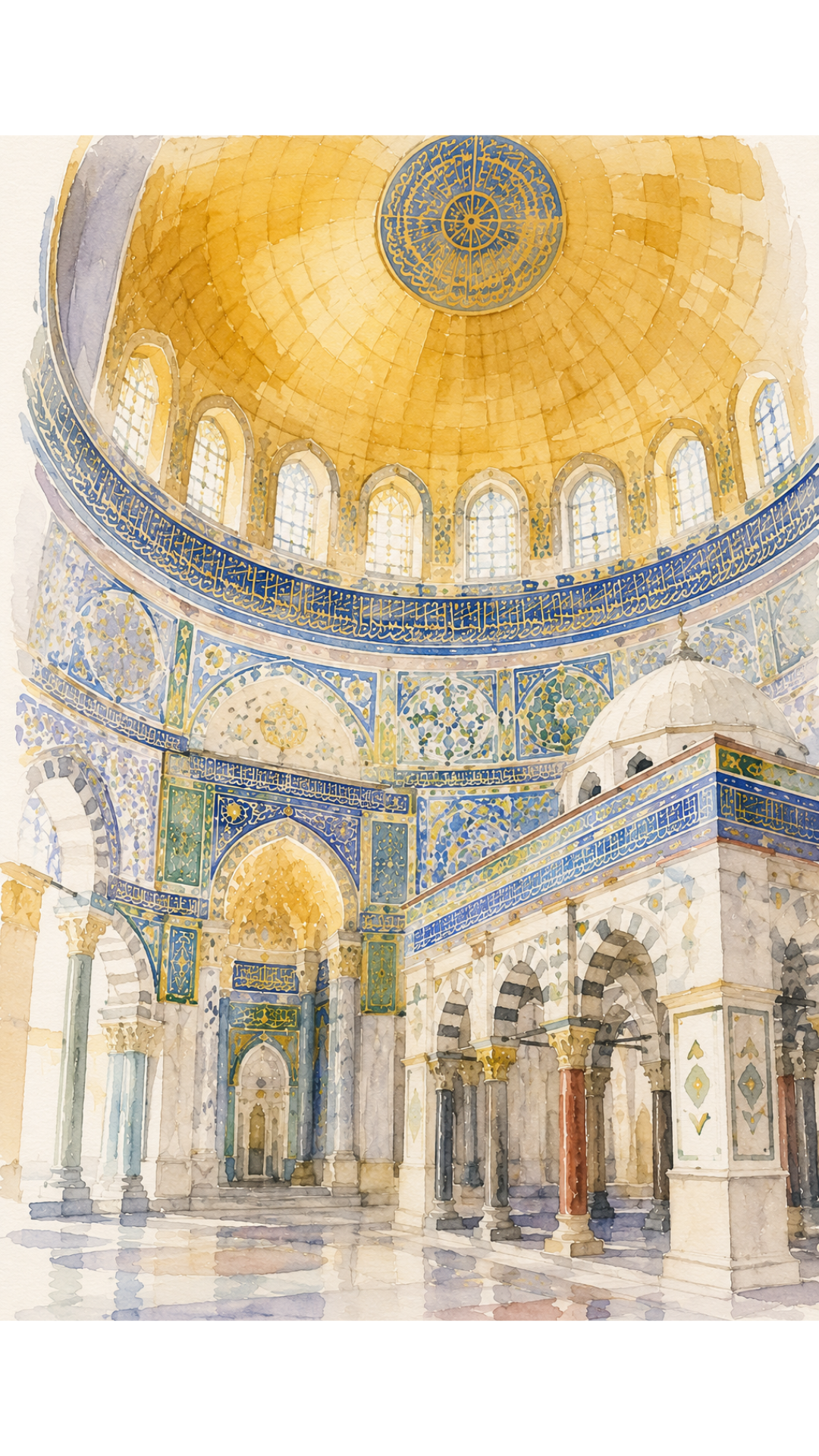 Limited Edition PRINT of my Original Golden Dome Holy Watercolour Muslim Painting on Cartridge Paper - No Frame (Size: A4 & A3)