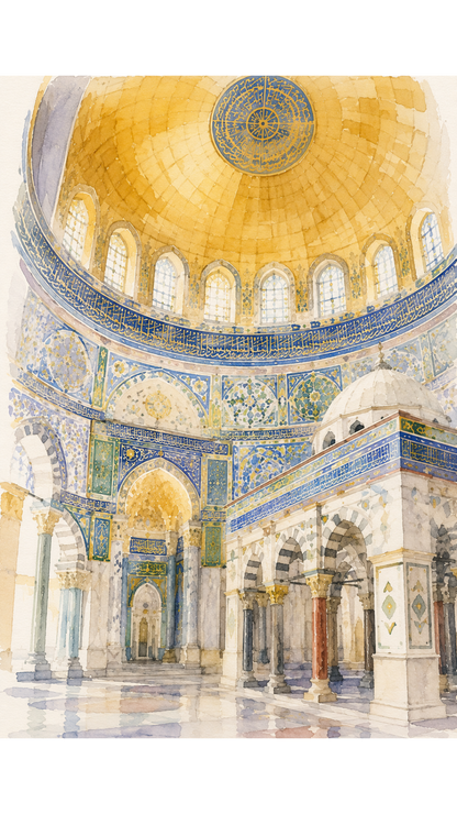 Limited Edition PRINT of my Original Golden Dome Holy Watercolour Muslim Painting on Cartridge Paper - No Frame (Size: A4 & A3)