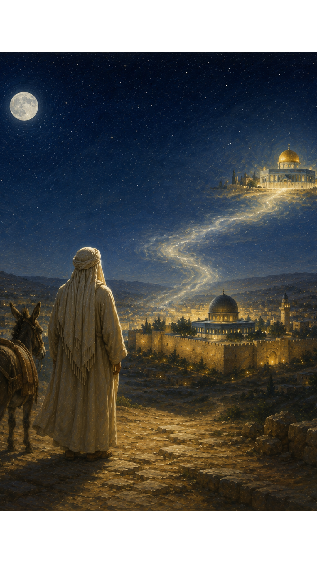 Limited Edition PRINT of my Original Oil Painting of Prophet Muhammad Isra — Night Journey to Jerusalem Muslim Painting on Cartridge Paper - No Frame (Size: A4 & A3)
