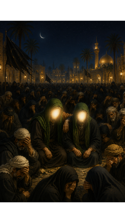 Limited Edition PRINT of my Original acrylic Painting on Imam Ali's Death and Imam Hasan and Imam Husayn beside him Mourning in Kufa - Muslim Acrylic Painting on Cartridge Paper - No Frame (Size: A4 & A3)