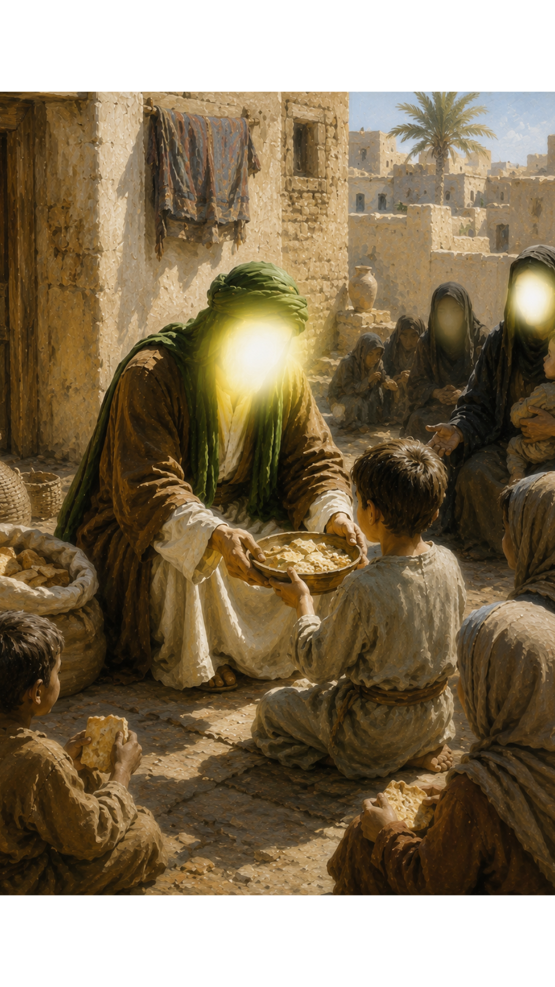 Limited Edition PRINT of my Original acrylic Painting on Imam Ali Feeding orphans and widows - Muslim Acrylic Painting on Cartridge Paper - No Frame (Size: A4 & A3)