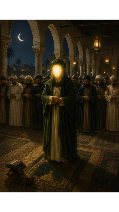 Limited Edition PRINT of my Original acrylic Painting on Imam Ali and Night prayer in Mosque of Kufa - Muslim Acrylic Painting on Cartridge Paper - No Frame (Size: A4 & A3)