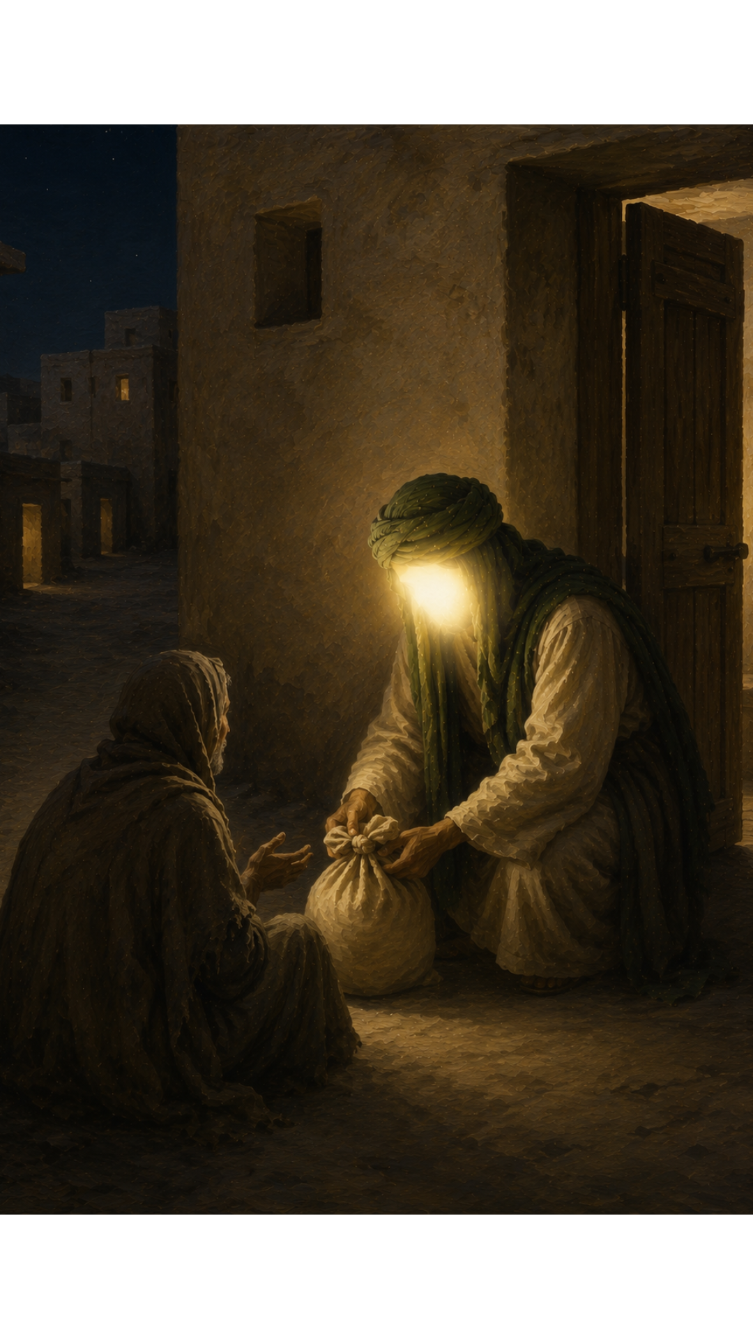 Limited Edition PRINT of my Original acrylic Painting on Imam Ali Helping the poor secretly at night - Muslim Acrylic Painting on Cartridge Paper - No Frame (Size: A4 & A3)