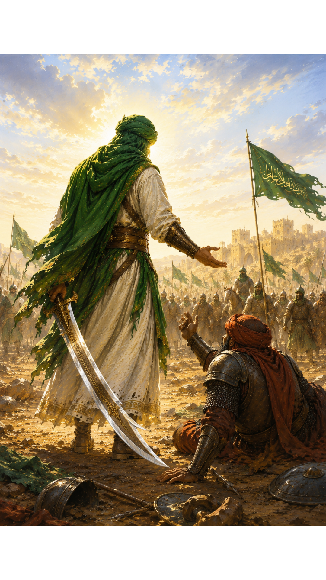 Limited Edition PRINT of my Original acrylic Painting on Imam Ali Showing Mercy toward defeated enemies  - Muslim Acrylic Painting on Cartridge Paper - No Frame (Size: A4 & A3)