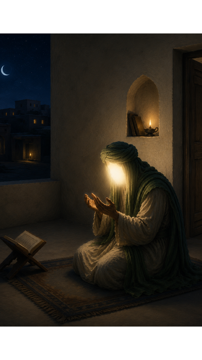 Limited Edition PRINT of my Original acrylic Painting on Imam Ali in Deep night worship and dua - Muslim Acrylic Painting on Cartridge Paper - No Frame (Size: A4 & A3)