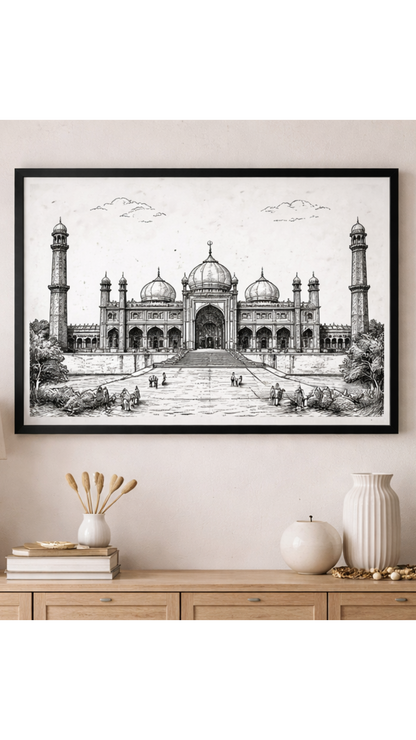 Hand Drawn Badshahi Mosque, Pakistan - Muslim Art on Cartridge Paper - No Frame (Size: A4 & A3)