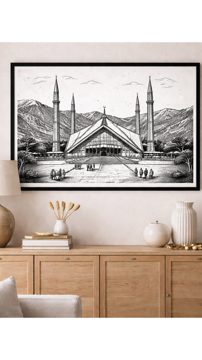 Hand Drawn Faisal Mosque, Pakistan - Muslim Art on Cartridge Paper - No Frame (Size: A4 & A3)
