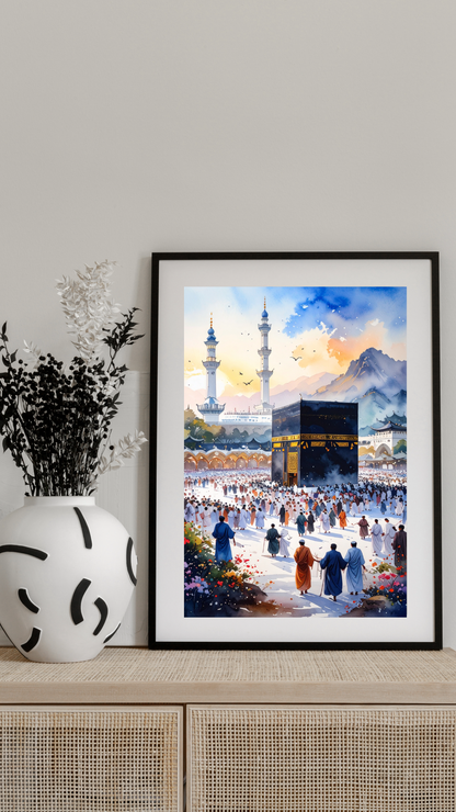 Limited Edition PRINT of my Original Mecca, Saudi Arabia, Muslim Watercolour Painting on Cartridge Paper - No Frame (Size: A4 & A3)