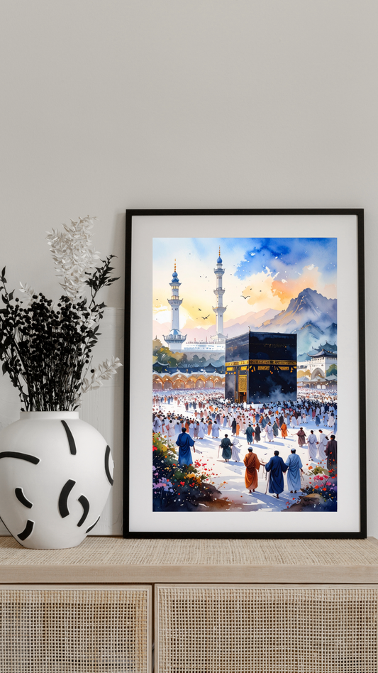 Limited Edition PRINT of my Original Mecca, Saudi Arabia, Muslim Watercolour Painting on Cartridge Paper - No Frame (Size: A4 & A3)