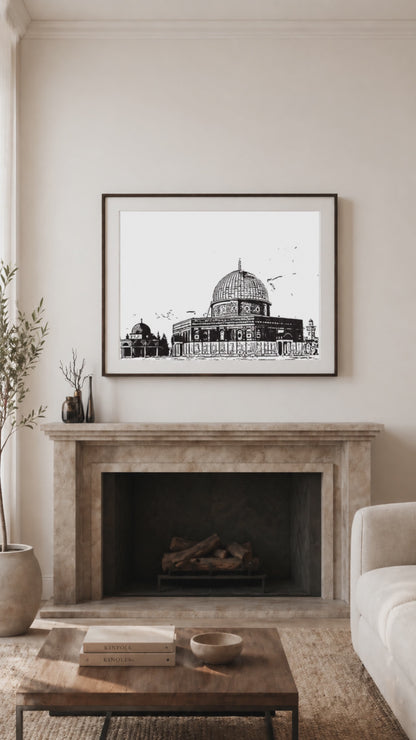 Hand Drawn Golden Dome Mosque, Jerusalem - Muslim Art on Cartridge Paper - No Frame (Size: A4 & A3)
